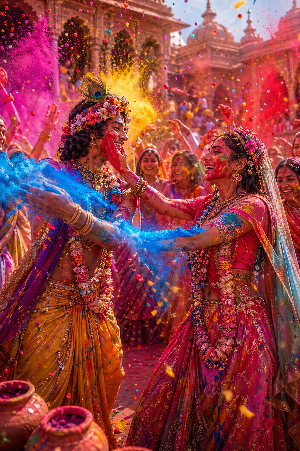 Radha Krishna in explosion of Holi colors with gulal powder filling the air festival photography
